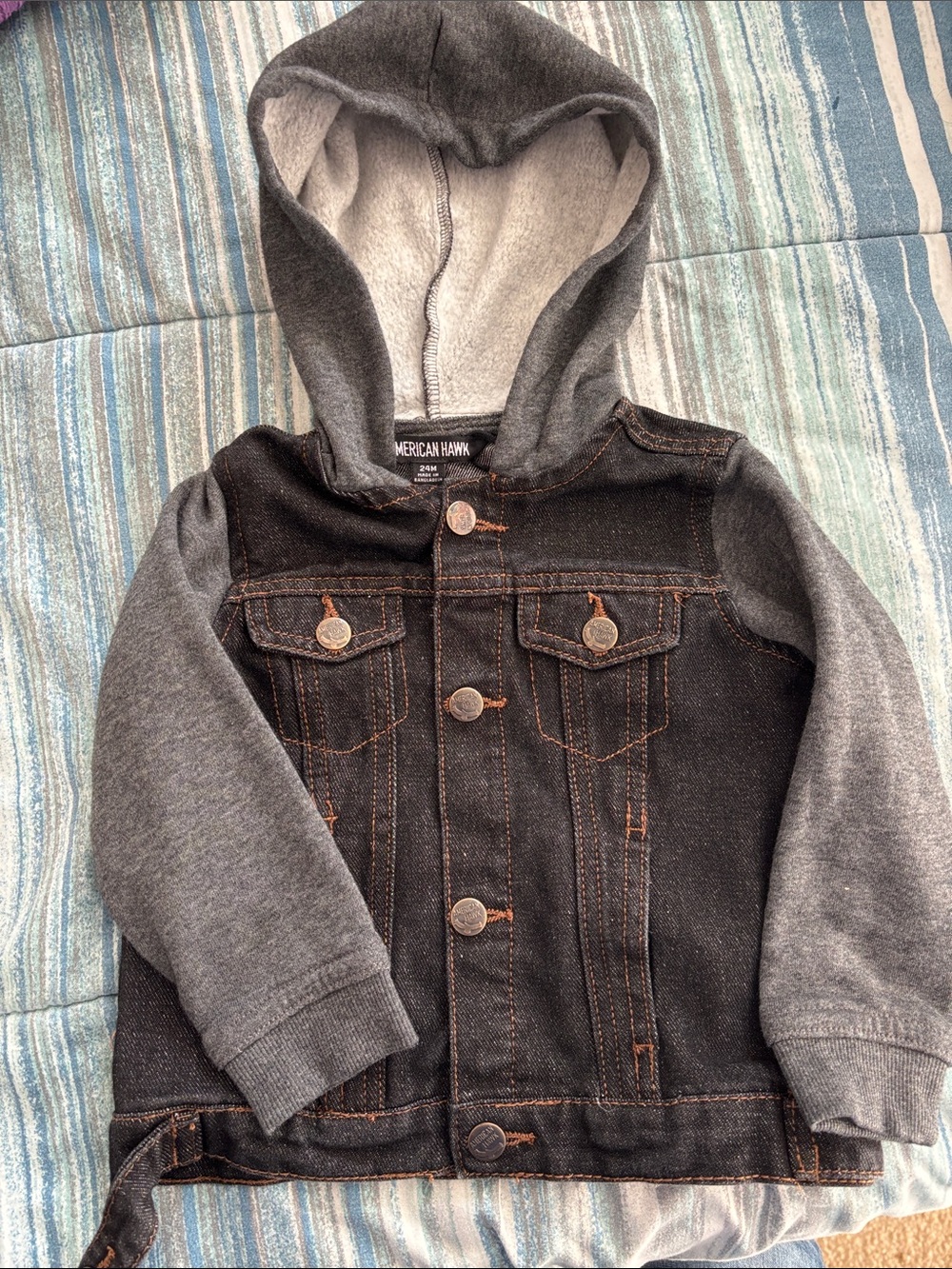 Kids' Hooded Black Denim Jacket with Gray Sleeves - American Hawk
